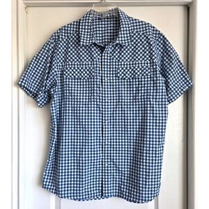 Stio Blue White Gingham Short Sleeve Performance Pearl Snap Shirt Mens Sz XL